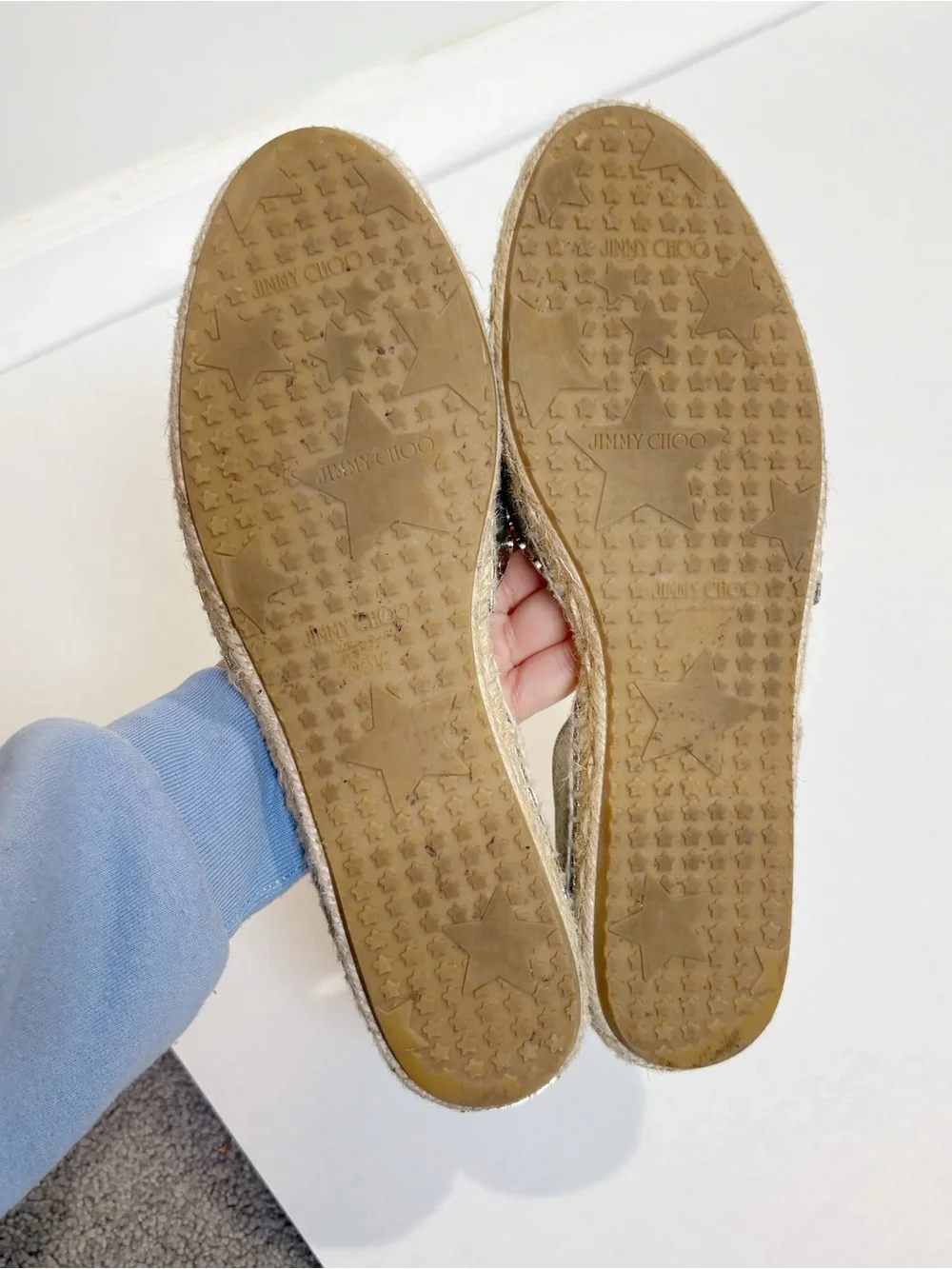 Jimmy Choo Dreya Gold Metallic Lame Espadrille Flats Size 39.5 US 9.5 Studded